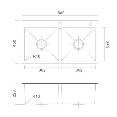 Topmount Stainless Steel Kitchen Sink Brushed 50 / 50 Double Bowl 18 Gauge 80x45