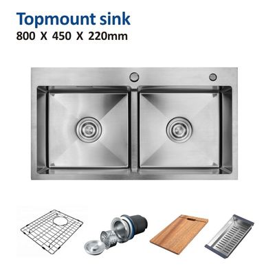 Topmount Stainless Steel Kitchen Sink Brushed 50 / 50 Double Bowl 18 Gauge 80x45