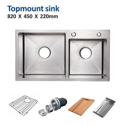 Topmount Stainless Steel Kitchen Sink Brushed Double Bowl 18 Gauge 82x45