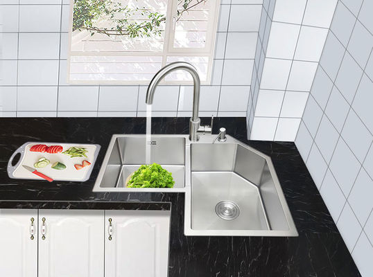 110mm Corner Stainless Steel Kitchen Sink 18 Gauge Brushed Double Bowl 124x77