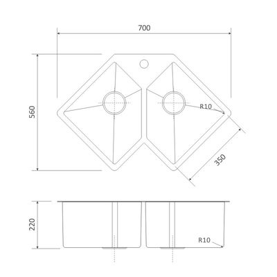 Brushed Stainless Steel Corner Double Bowl Kitchen Sink 16 Gauge 83x56