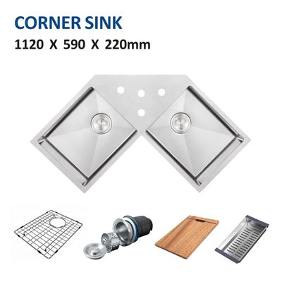 112x59 Corner Stainless Steel Kitchen Sink 16 Gauge Brushed 30 Inch Double Bowl