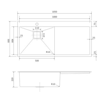 105x50 Black Undermount Kitchen Sink With Drainboard Brushed Single Bowl