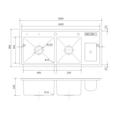 Topmount Apron Front Multifunction Sink 42' Double Bowl Knife Holder 105x48