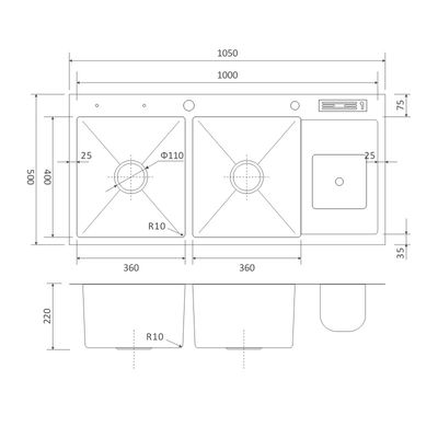 42' Topmount Multifunction Sink Knife Holder 16 Gauge Double Bowl 105x50