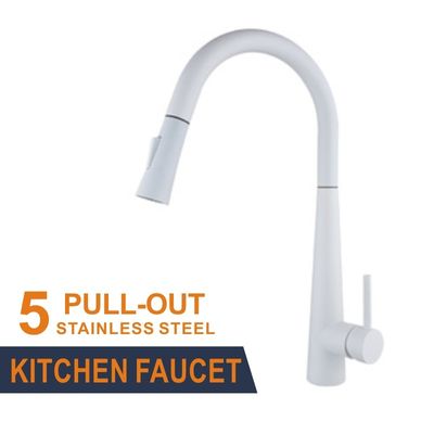 4 Hole Single Handle White Stainless Steel Pull Out Tap Kitchen Faucet  Mixer