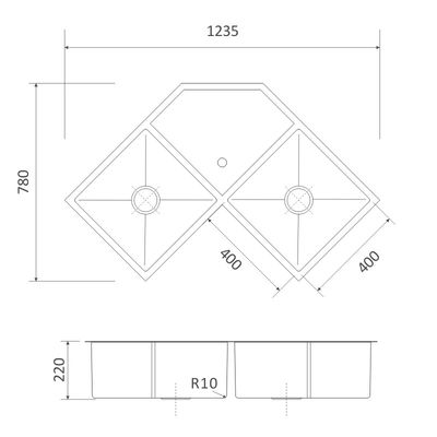 110mm Corner Stainless Steel Kitchen Sink 18 Gauge Brushed Double Bowl 124x77