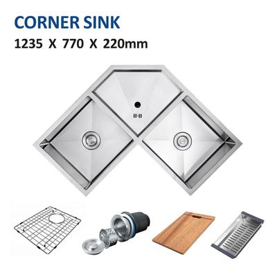 110mm Corner Stainless Steel Kitchen Sink 18 Gauge Brushed Double Bowl 124x77