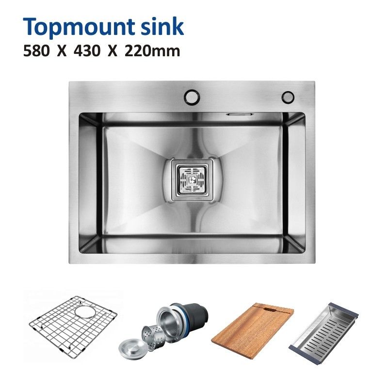 Topmount Stainless Steel Kitchen Sink Brushed Single Bowl 16 Gauge 58x43