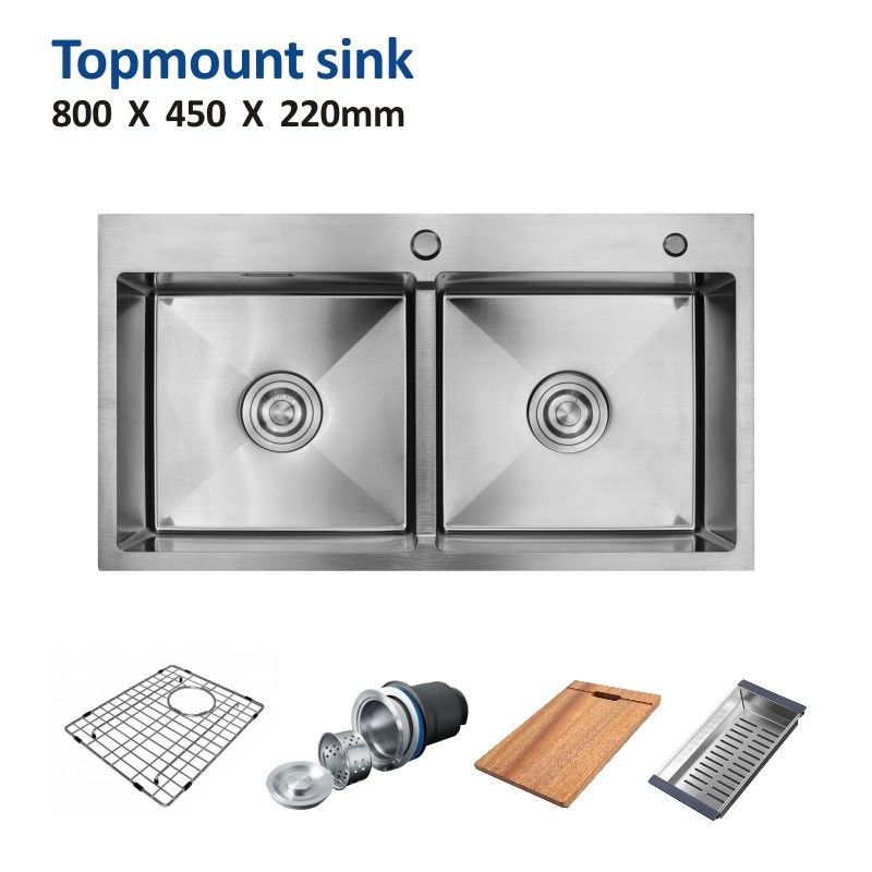 Topmount Stainless Steel Kitchen Sink Brushed 50 / 50 Double Bowl 18 Gauge 80x45