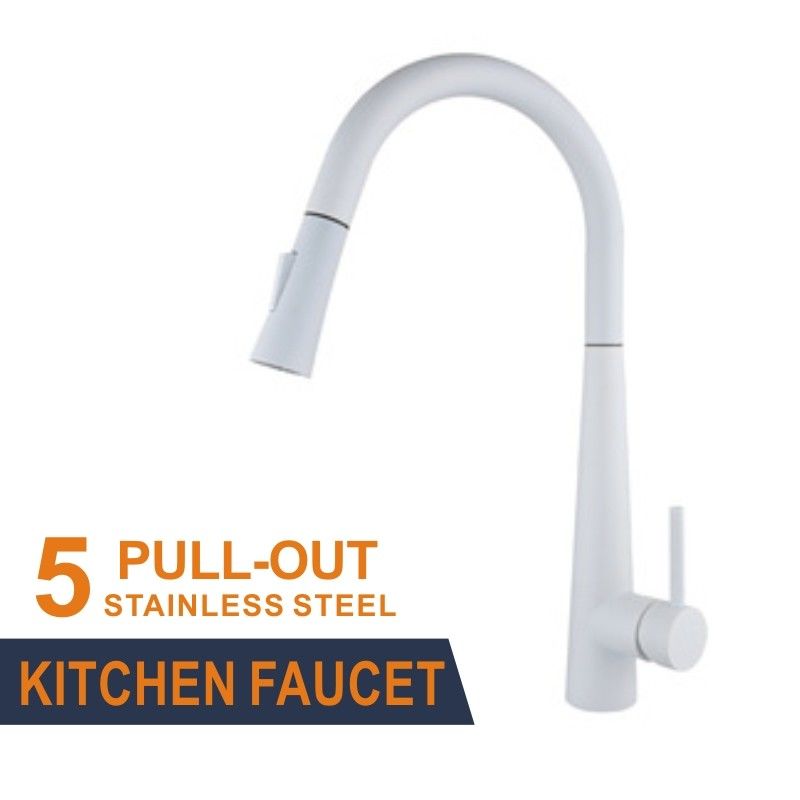 4 Hole Single Handle White Stainless Steel Pull Out Tap Kitchen Faucet  Mixer