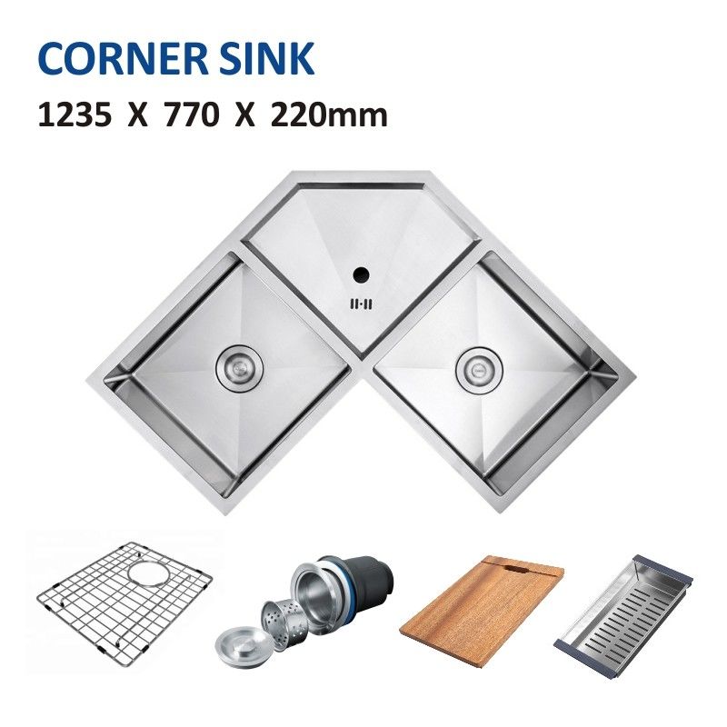 110mm Corner Stainless Steel Kitchen Sink 18 Gauge Brushed Double Bowl 124x77